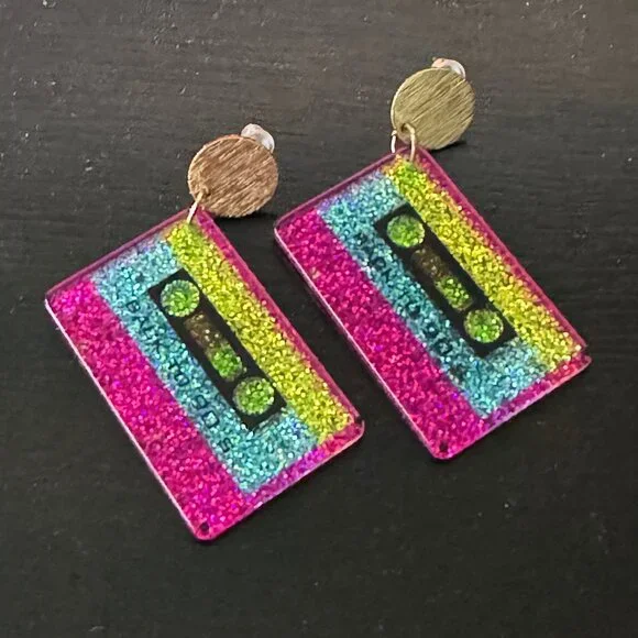 NEW Retro Glitter Cassette Tape Dangle Earrings - Picture 1 of 5